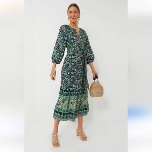 TUCKERNUCK Batik Floral Lyles Dress green blue ivory size medium with sash/belt